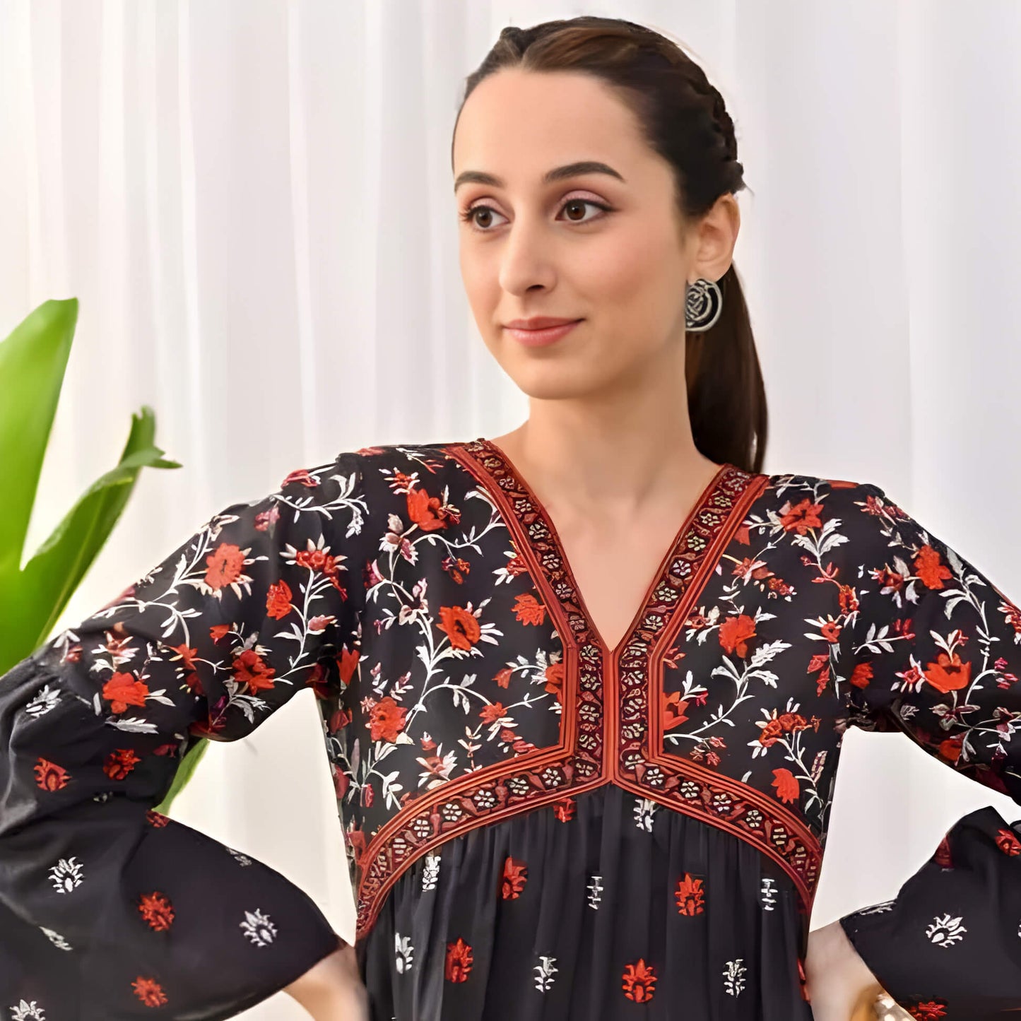 Women's Trendy, Beautiful, Rayon, V-neck, Floral Printed, Designer Topper In Black Color with Three-Quarter Sleeves & Printed Pattern