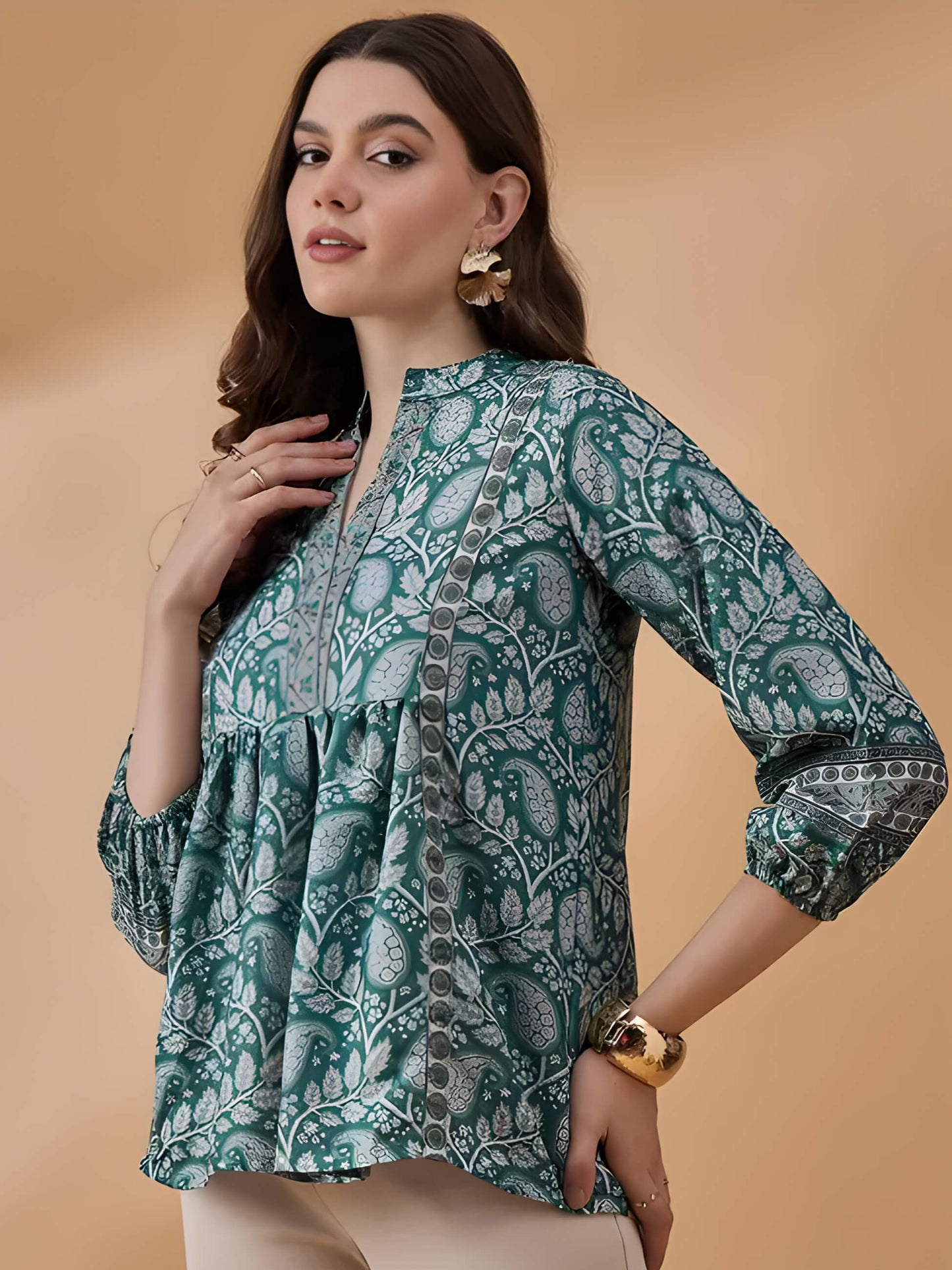Winza Designer Women's Green Floral Printed Polyrayon Casual 3/4 Sleeve Top