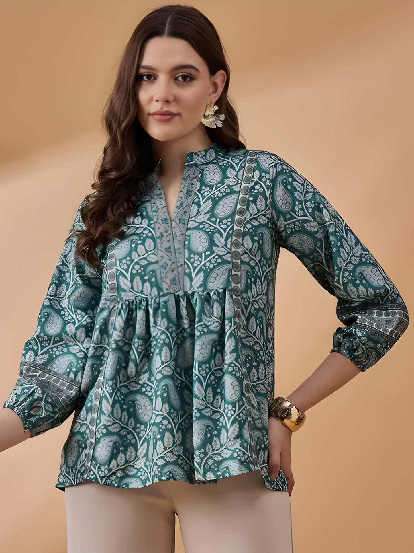 Winza Designer Women's Green Floral Printed Polyrayon Casual 3/4 Sleeve Top