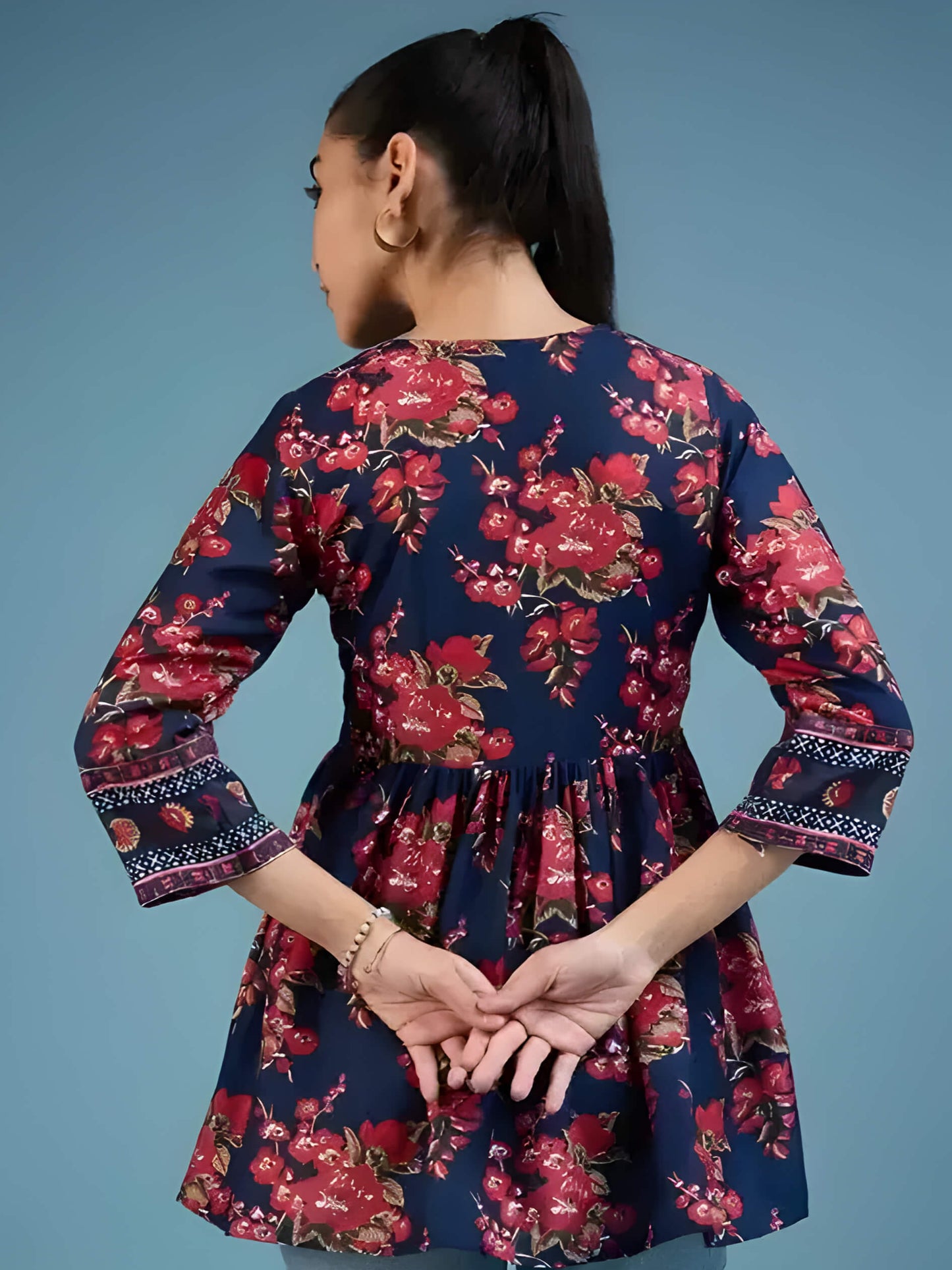 Stylish Women's Navy Kurti – Front Tie Detail & Floral Print