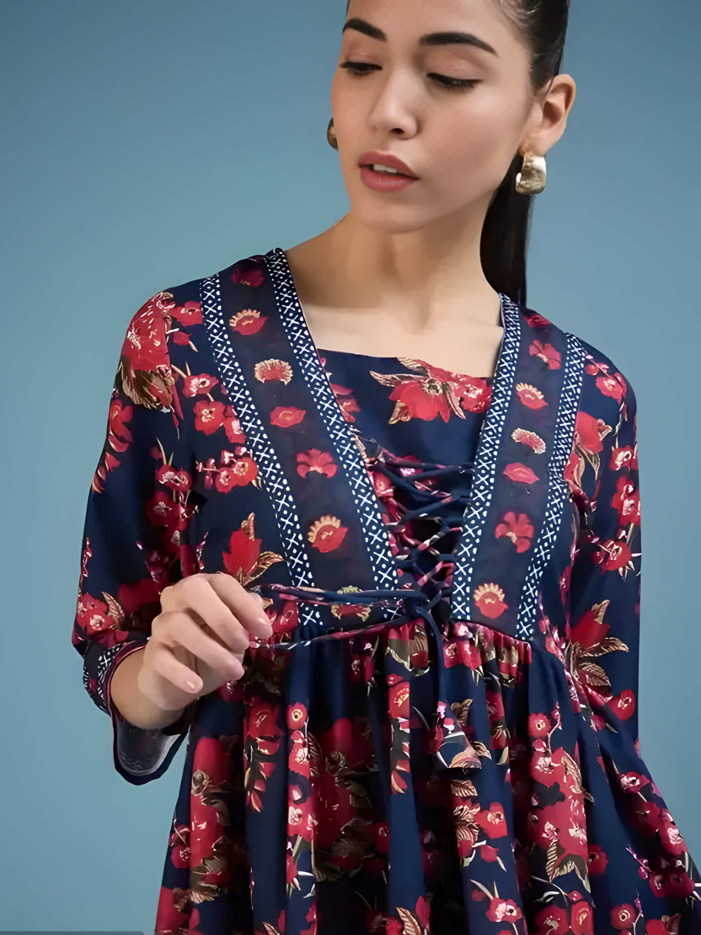 Stylish Women's Navy Kurti – Front Tie Detail & Floral Print