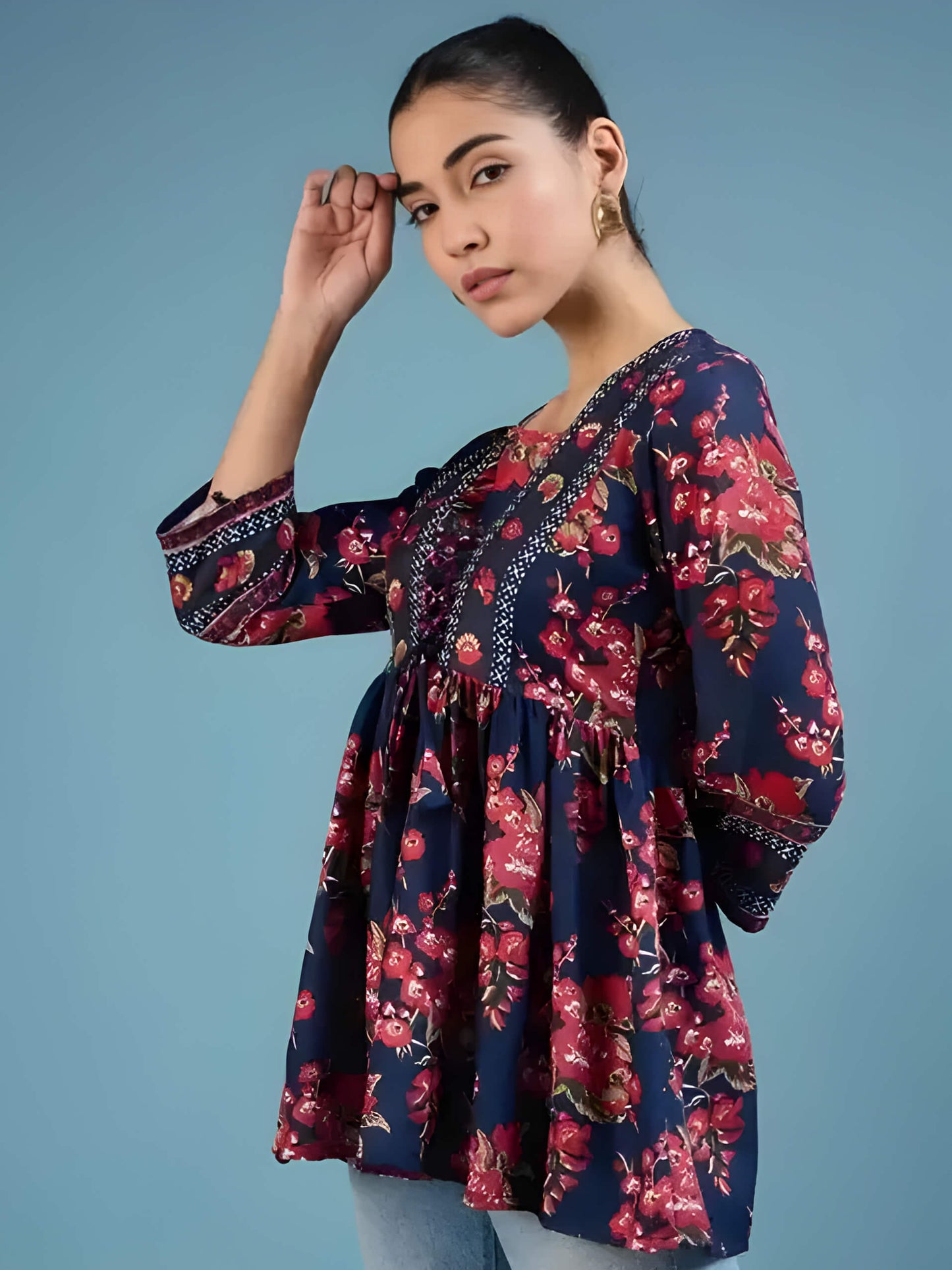 Stylish Women's Navy Kurti – Front Tie Detail & Floral Print