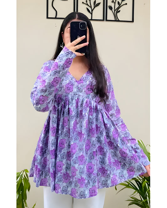 Floral Bliss Women's Purple Printed Flared Kurti Top
