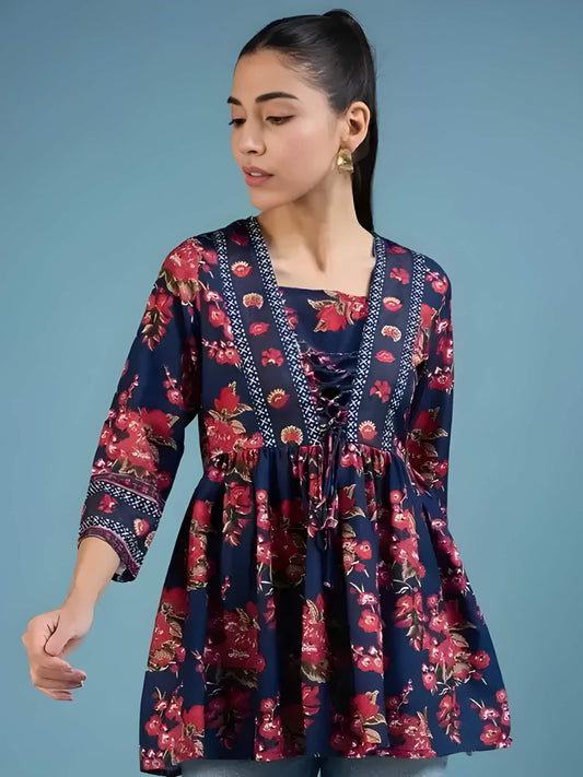Stylish Women's Navy Kurti – Front Tie Detail & Floral Print