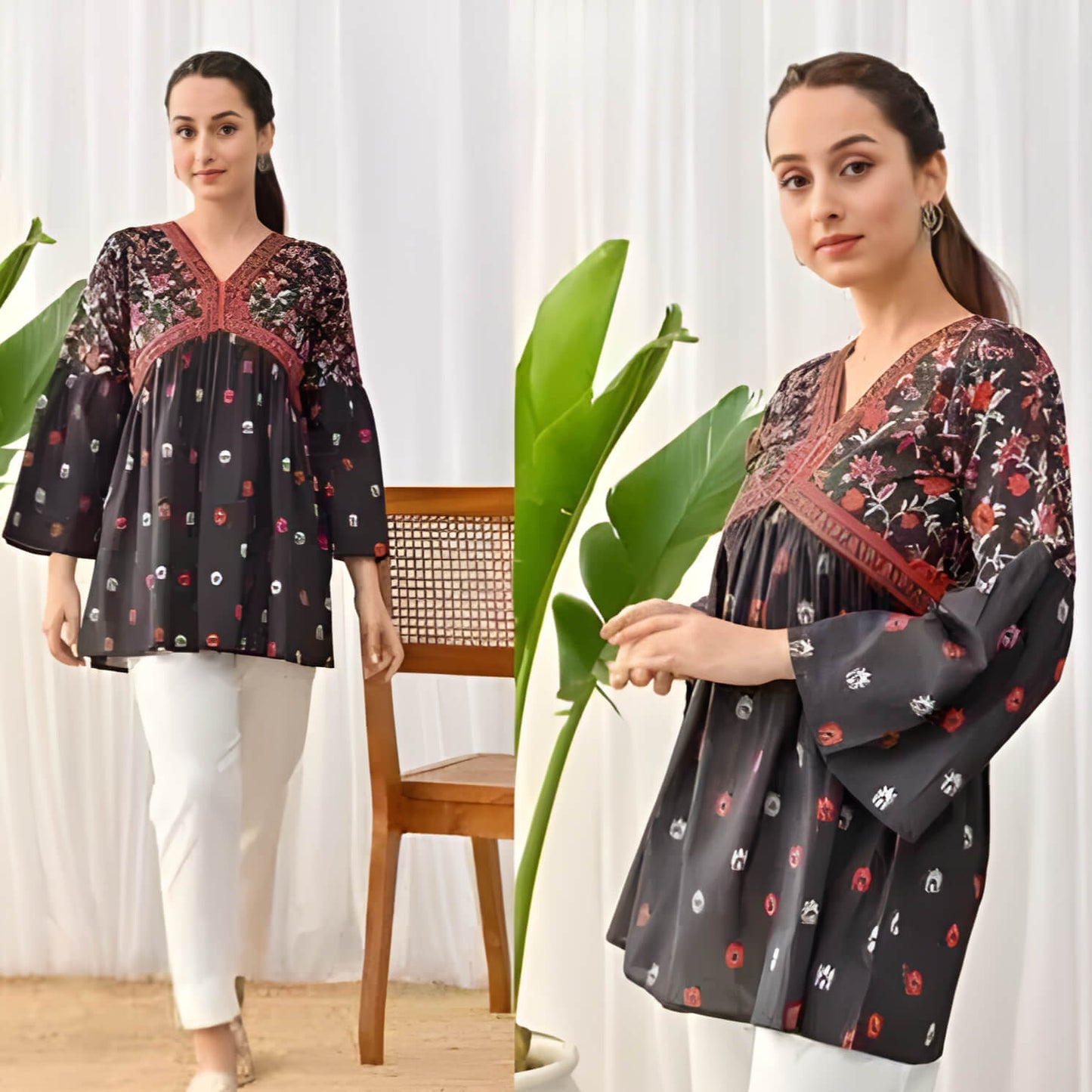 Women's Trendy, Beautiful, Rayon, V-neck, Floral Printed, Designer Topper In Black Color with Three-Quarter Sleeves & Printed Pattern