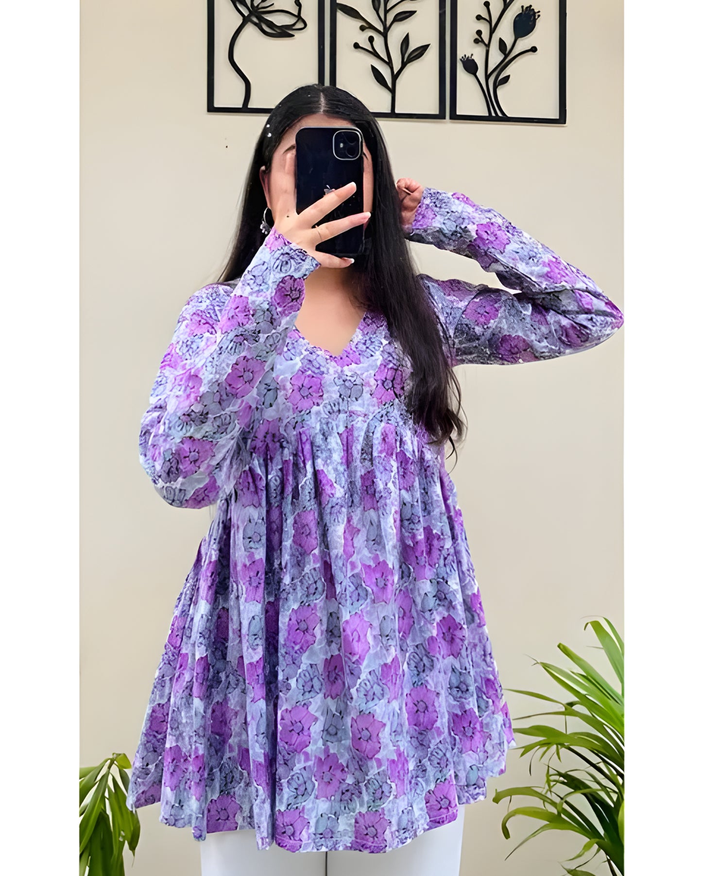 Floral Bliss Women's Purple Printed Flared Kurti Top