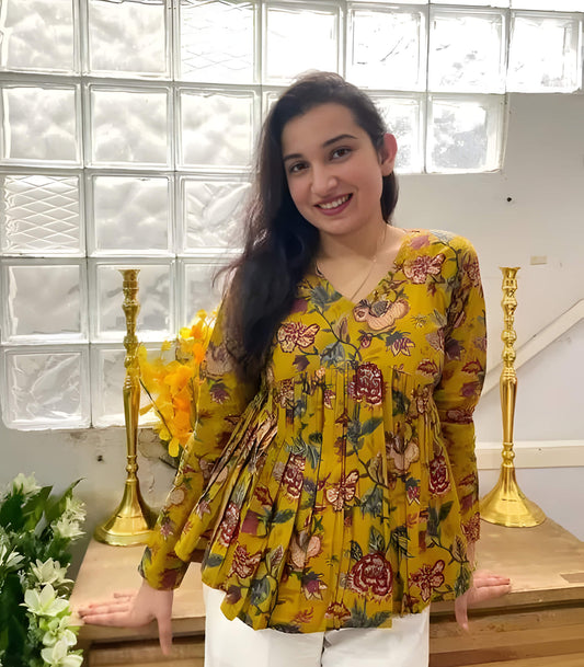 Floral Mustard Pleated Short Kurti – Elegant V-Neck Design