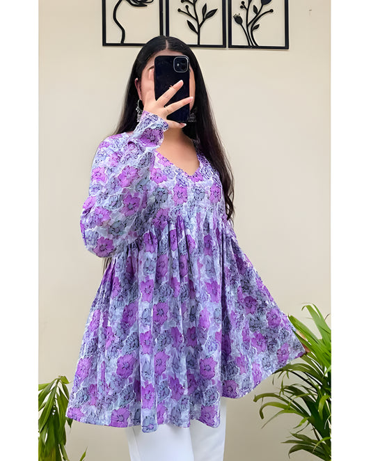 Floral Bliss Women's Purple Printed Flared Kurti Top