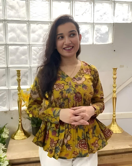 Floral Mustard Pleated Short Kurti – Elegant V-Neck Design