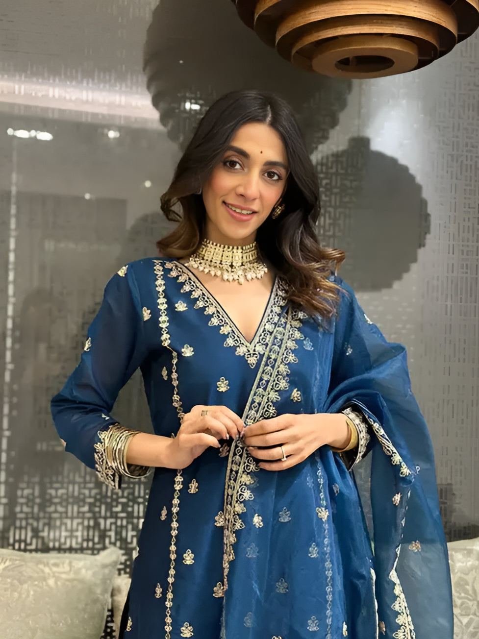 Women's Latest Blue Designer Silk Blend Kurta Pant Set with Dupatta set Kurta Set