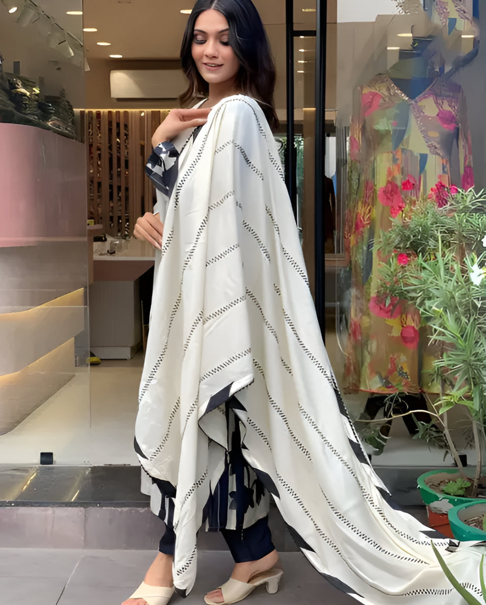 Muslin Floral Print Kurta pant set With Dupatta