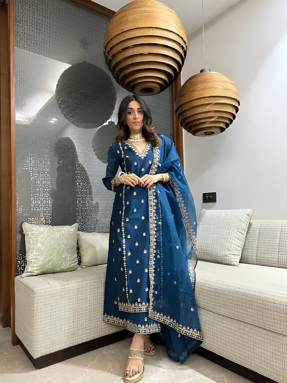 Women's Latest Blue Designer Silk Blend Kurta Pant Set with Dupatta set Kurta Set