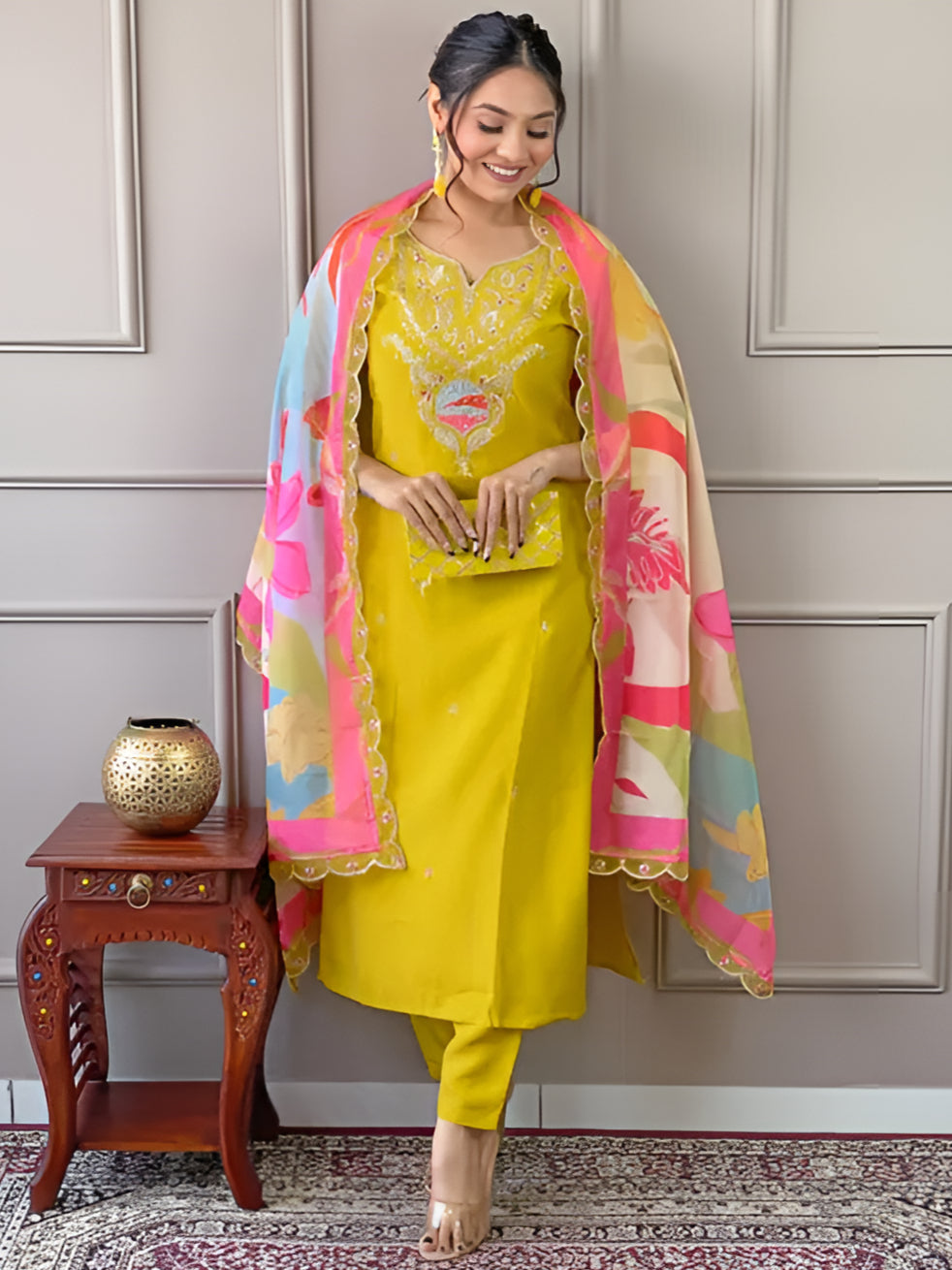 Women Embroidered Straight Kurta Set