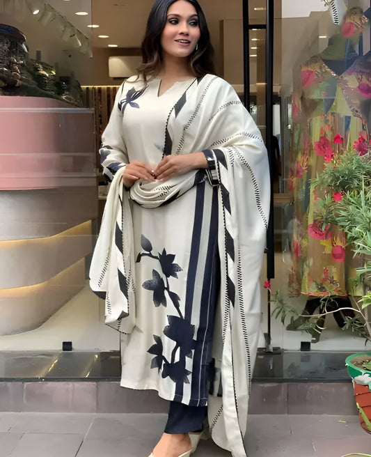 Muslin Floral Print Kurta pant set With Dupatta