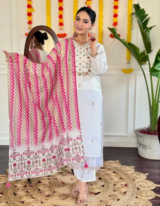 White color viscose chanderi fabric embroidered kurti with printed dupatta and plain pant set