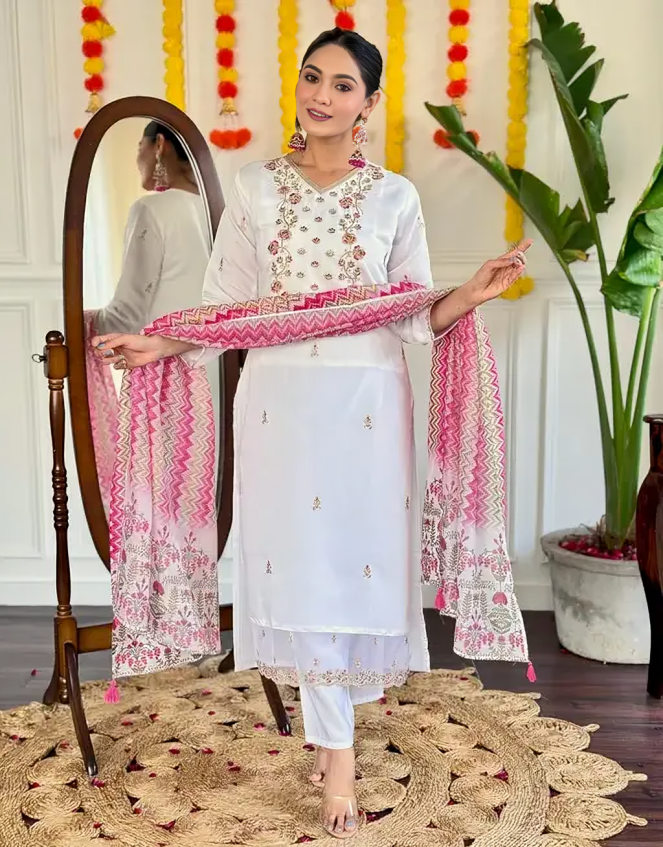 White color viscose chanderi fabric embroidered kurti with printed dupatta and plain pant set