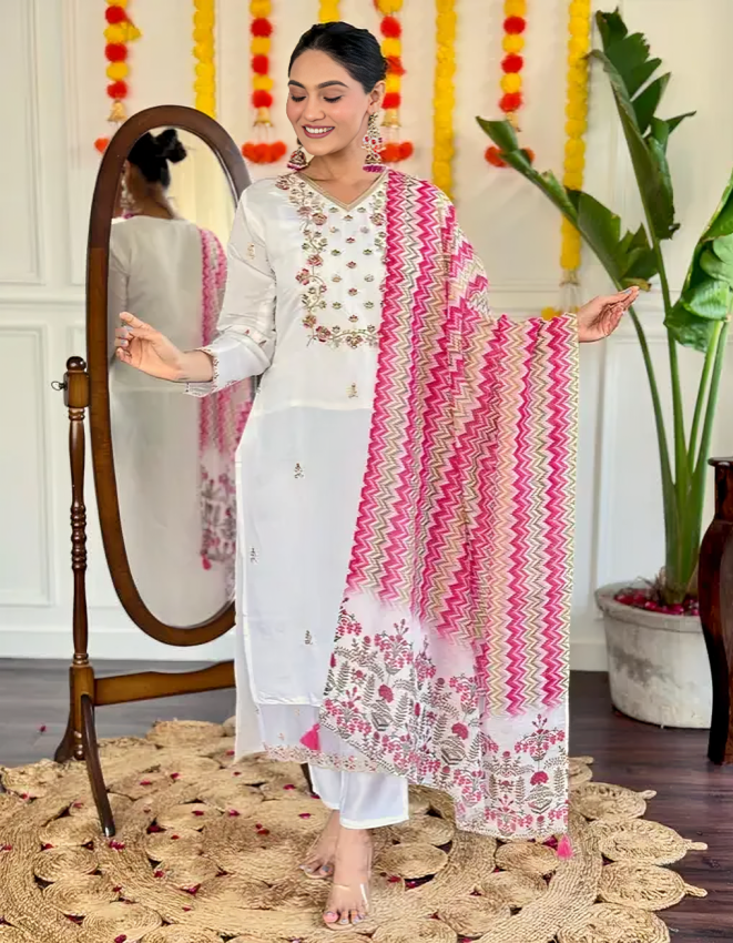 White color viscose chanderi fabric embroidered kurti with printed dupatta and plain pant set