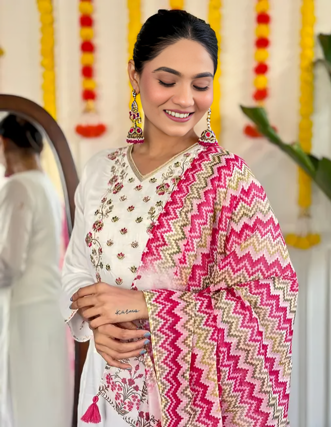 White color viscose chanderi fabric embroidered kurti with printed dupatta and plain pant set