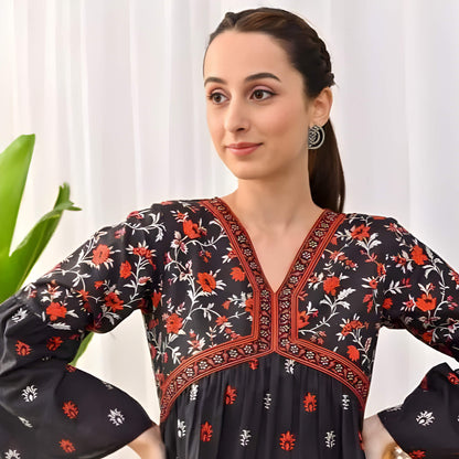 Women's Trendy, Beautiful, Rayon, V-neck, Floral Printed, Designer Topper In Black Color with Three-Quarter Sleeves & Printed Pattern