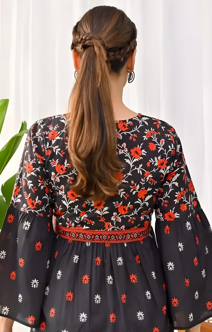 Women's Trendy, Beautiful, Rayon, V-neck, Floral Printed, Designer Topper In Black Color with Three-Quarter Sleeves & Printed Pattern