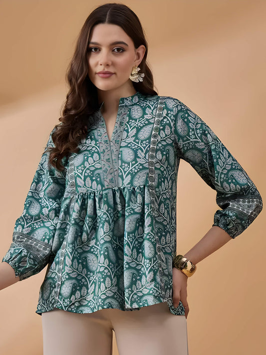 Winza Designer Women's Green Floral Printed Polyrayon Casual 3/4 Sleeve Top