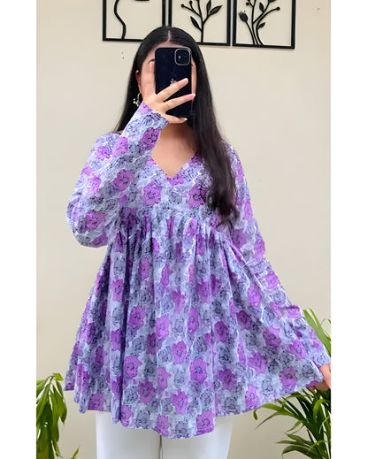 Floral Bliss Women's Purple Printed Flared Kurti Top