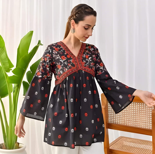 Women's Trendy, Beautiful, Rayon, V-neck, Floral Printed, Designer Topper In Black Color with Three-Quarter Sleeves & Printed Pattern