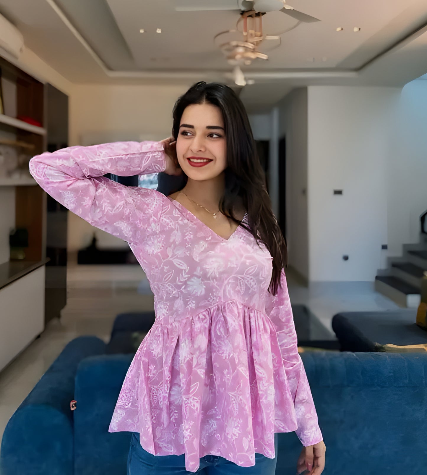 Charming Pink V-Neck Kurti Top – Casual & Everyday Wear
