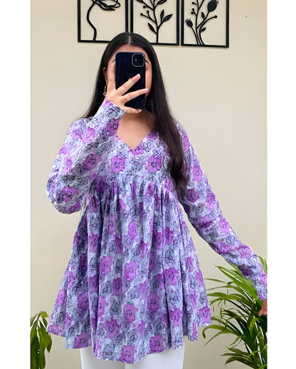 Floral Bliss Women's Purple Printed Flared Kurti Top