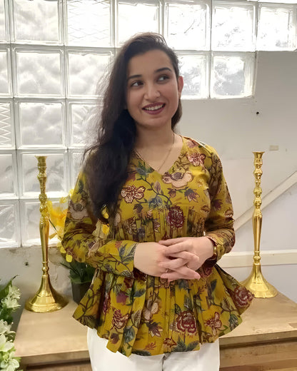 Floral Mustard Pleated Short Kurti – Elegant V-Neck Design