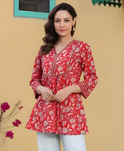 Elegant Red Floral Printed Kurti for Women – Stylish Ethnic Wear