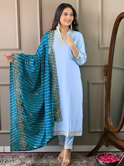 Women Embroidered Viscose Silk Blend kurta Pant Dupatta set