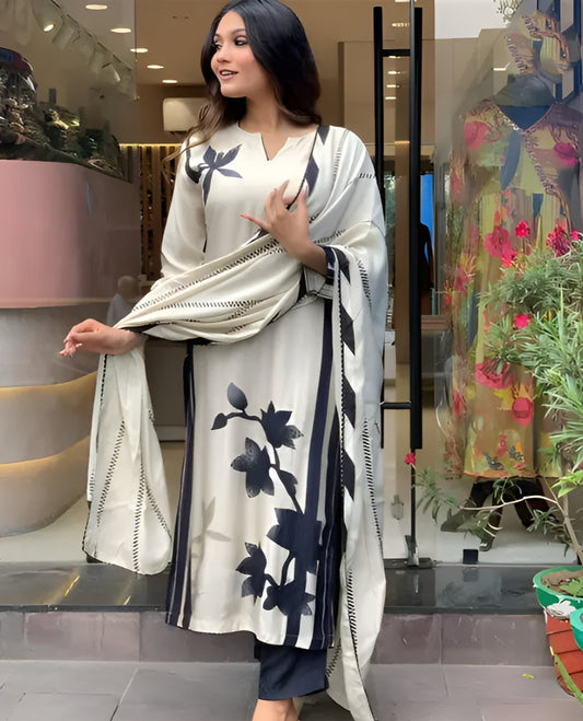 Muslin Floral Print Kurta pant set With Dupatta