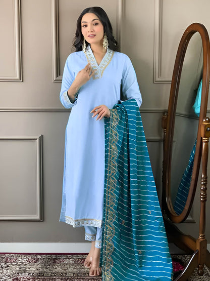 Women Embroidered Viscose Silk Blend kurta Pant Dupatta set
