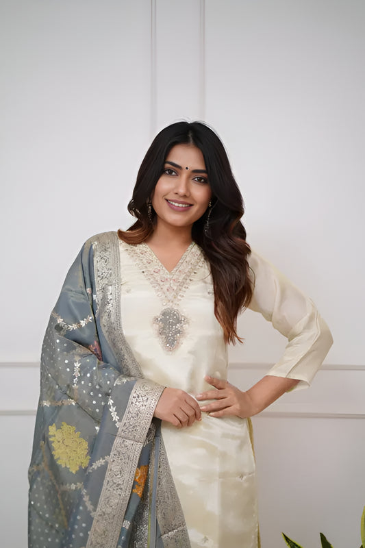 Women's Viscose Chanderi Silk Embroidered kurta pant with Dupatta Sets