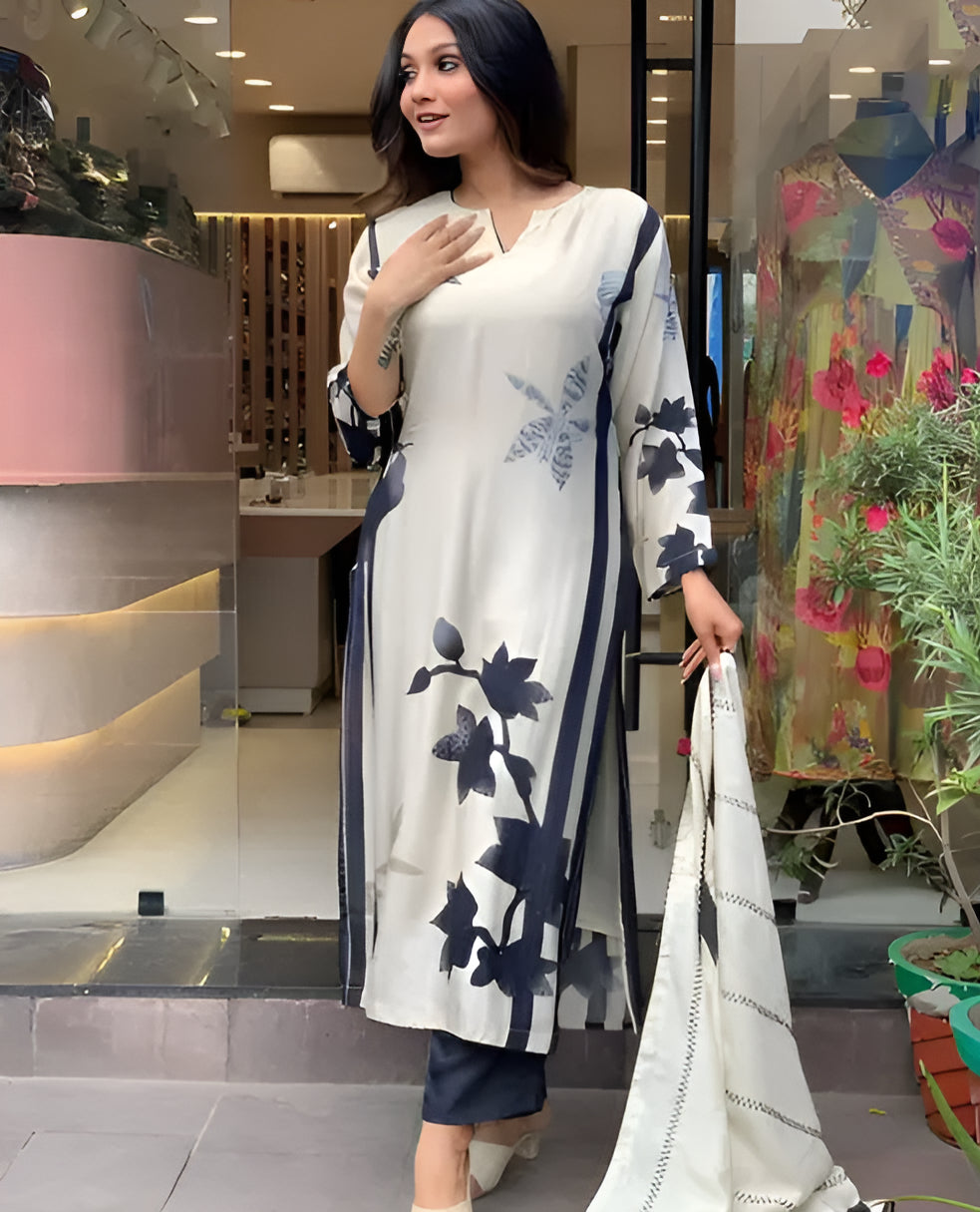 Muslin Floral Print Kurta pant set With Dupatta