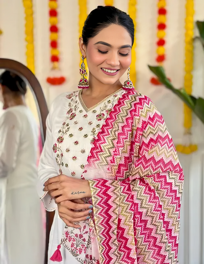 White color viscose chanderi fabric embroidered kurti with printed dupatta and plain pant set